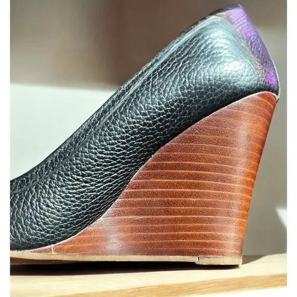 Tory Burch Leticia Peep Toe Leather Wedge Heels Size 7.5M - Picture 7 of 9